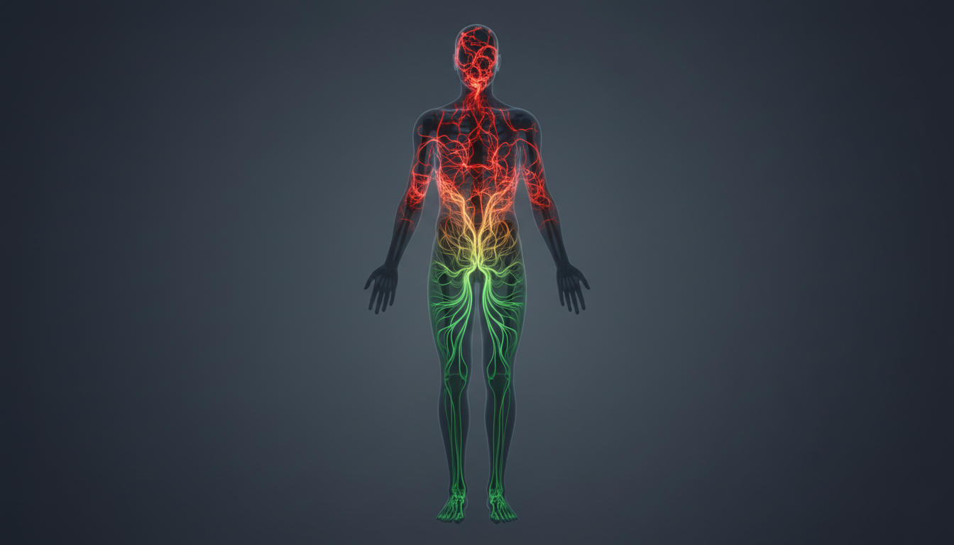 Visual representation of the human nervous system as glowing fibers within a silhouette, transitioning from a chaotic red pattern to a peaceful and steady green light flow.