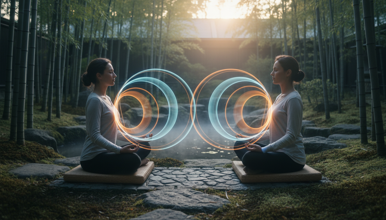 Two people sitting face to face in a serene environment, subtle light trails representing synchronized breathing patterns moving in a circular flow between them.