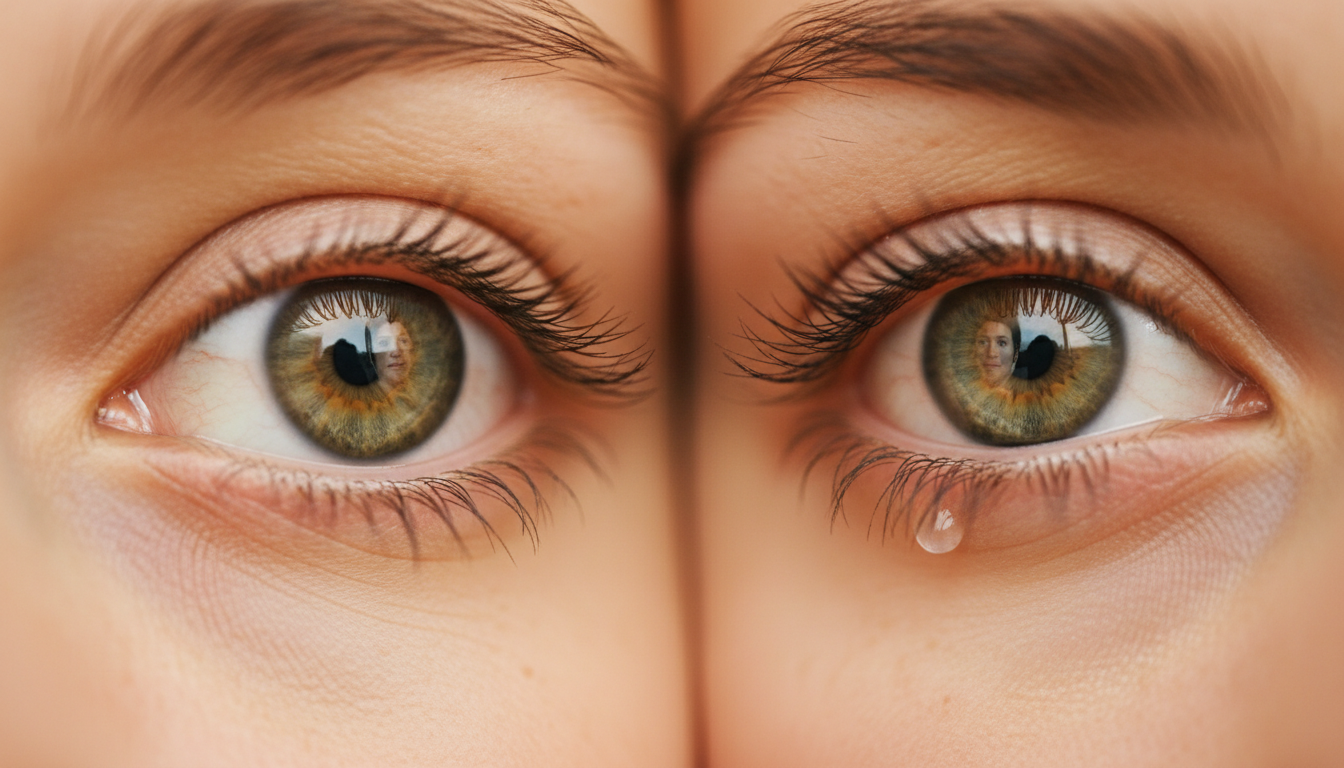 Artistic macro photography focusing on the eyes of two people looking at each other, capturing a soft reflection and an intense emotional connection with warm lighting.