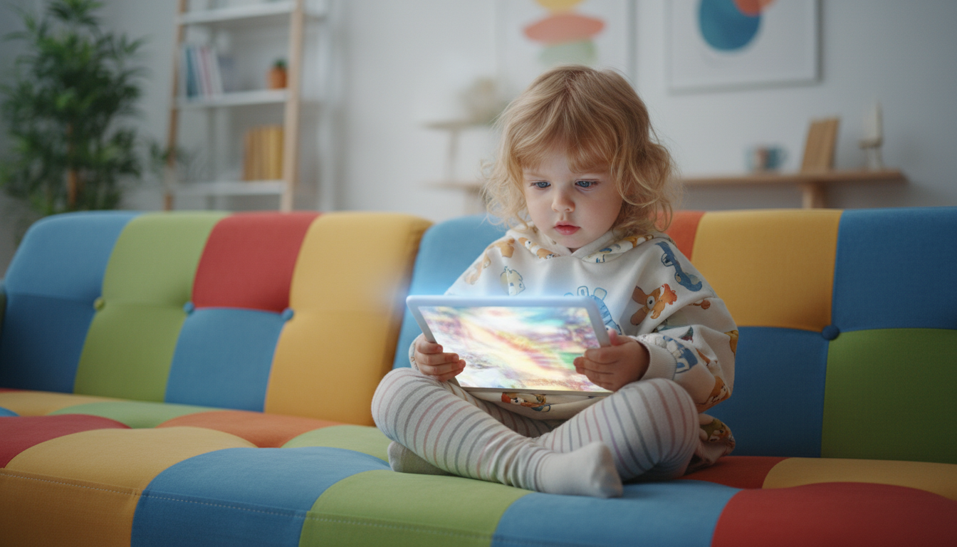 A young child from Generation Alpha sitting on a colorful sofa, looking mesmerized by a bright tablet, the background is softly blurred to emphasize the sensory immersion and isolation from the physical environment.