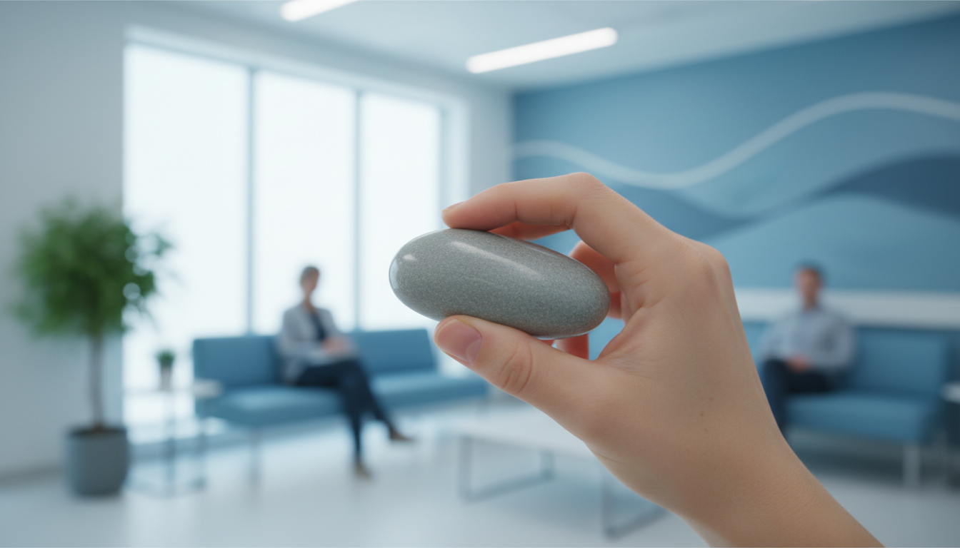 Macro photography of a human hand holding a smooth stone, grounding exercise in a bright hospital waiting room, shallow depth of field, calming blue tones, professional medical lifestyle photography.