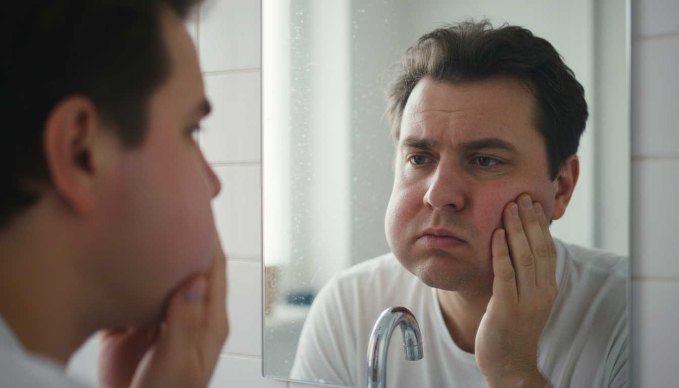 A close-up realistic portrait of a man in his late 30s looking at his reflection in a bathroom mirror. He shows signs of 'moon face' with rounded cheeks and a lack of jawline definition. The lighting is soft but reveals skin inflammation and puffiness around the eyes. He looks concerned, touching his cheek. Soft morning light through a window, hyper-realistic skin textures.