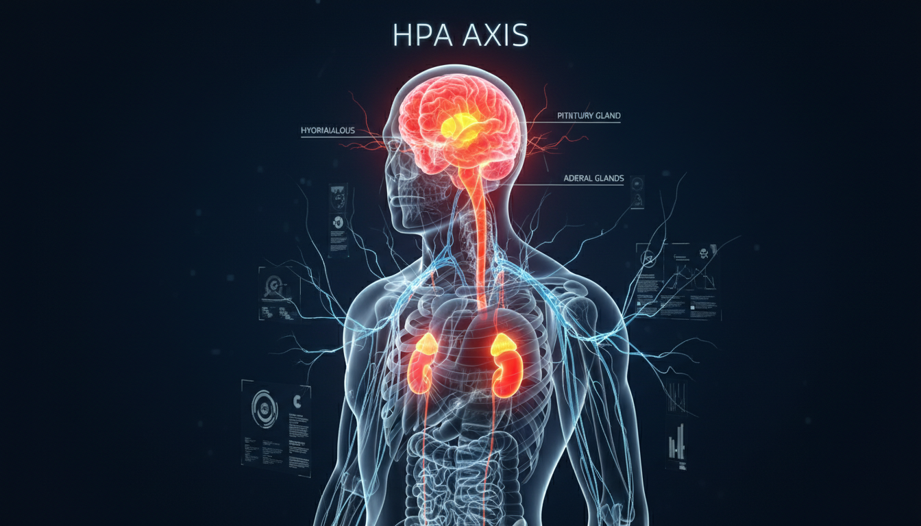 A professional 3D medical illustration of a human silhouette showing the HPA axis. The hypothalamus and pituitary gland in the brain and the adrenal glands above the kidneys are glowing with a vibrant orange and red energy, representing activation. Nerve pathways throughout the body are pulsing with electric light. Dark background, scientific and high-tech aesthetic.
