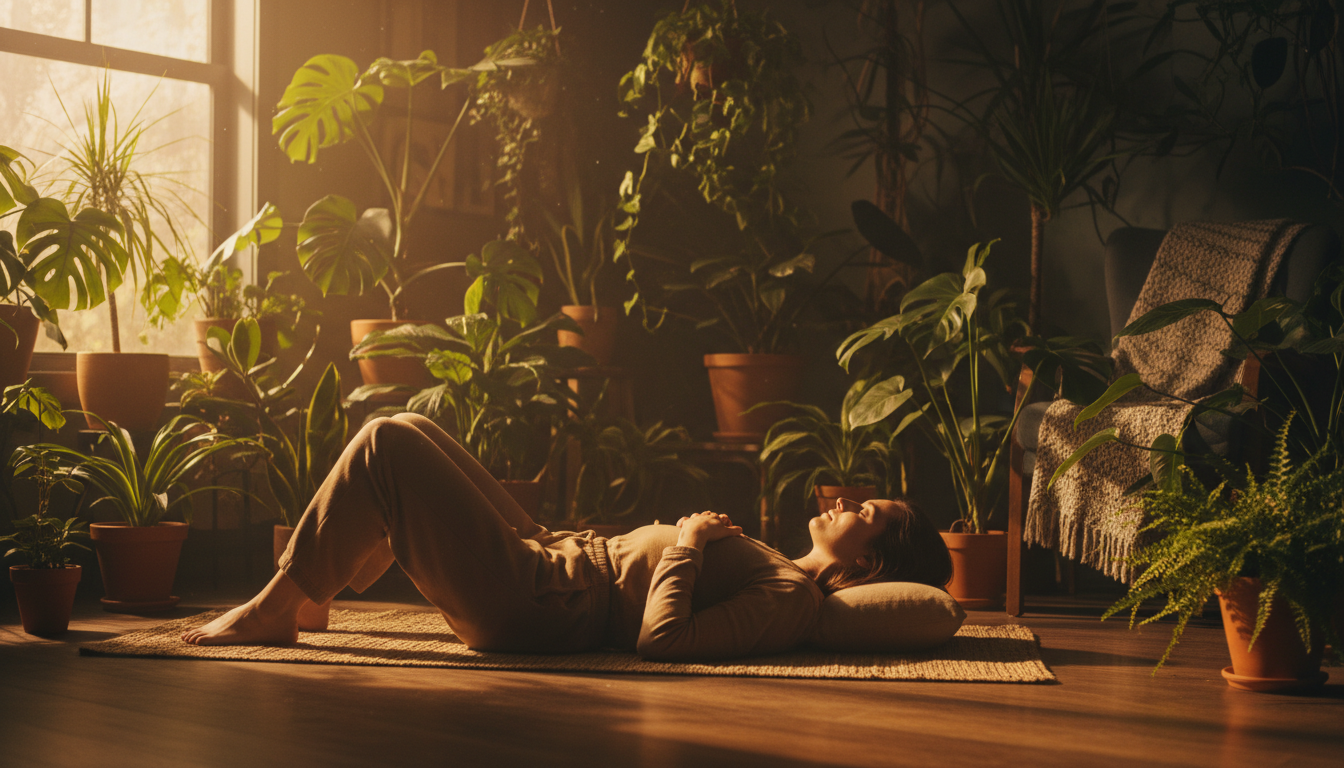 A serene and grounding photograph of a woman practicing somatic release exercises on a yoga mat in a room filled with plants. She is lying on her back with her eyes closed, one hand on her heart and the other on her belly, looking deeply relaxed. Warm golden hour light filters through the window, creating a sense of safety and physiological peace. 8k, cinematic, high detail.