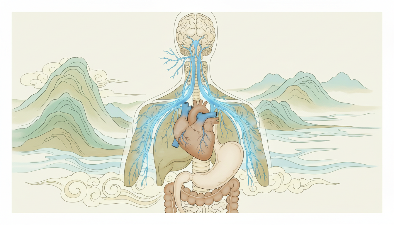 A high-quality medical illustration of the Vagus Nerve, showing its path from the brainstem down to the heart and stomach, glowing with a soft, calming blue light to represent the parasympathetic nervous system, clean clinical aesthetic.