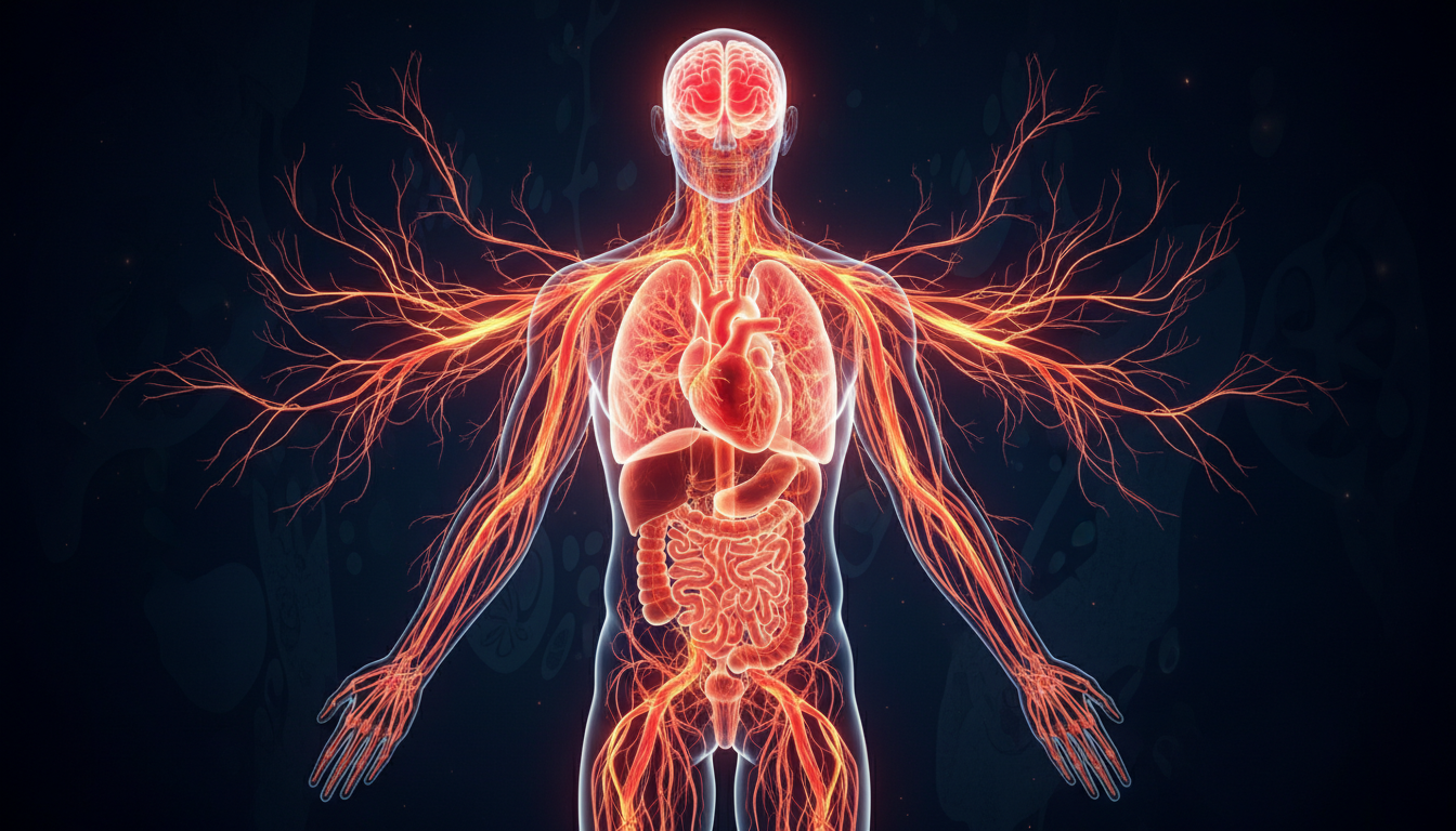 A 3D anatomical visualization of the human nervous system lighting up in bright red and orange, showing the fight-or-flight response radiating from the brain to the heart and lungs against a dark, professional medical background, high quality, digital art style.