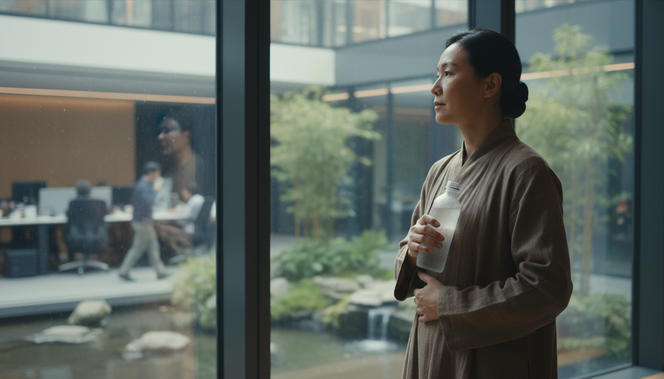 A realistic photo of a person in a modern office setting, discreetly holding a cold glass bottle against their chest while looking out a window, capturing a moment of relief and grounding amidst a busy environment, natural lighting.