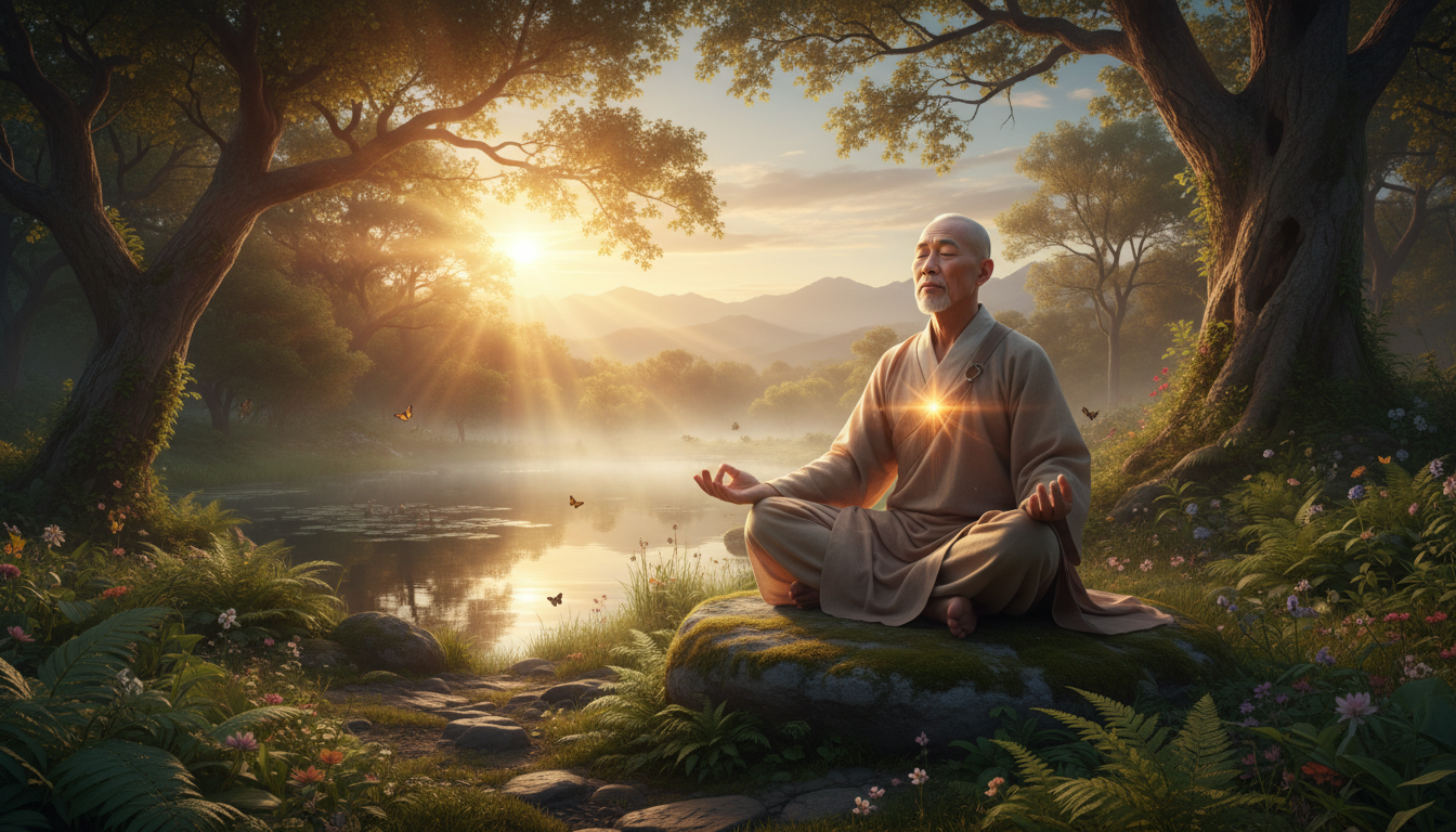 A peaceful, wide-angle outdoor shot of a person practicing deep breathing in a serene natural park at sunrise, with soft golden light filtering through trees, symbolizing a healthy and resilient nervous system, high resolution, cinematic.