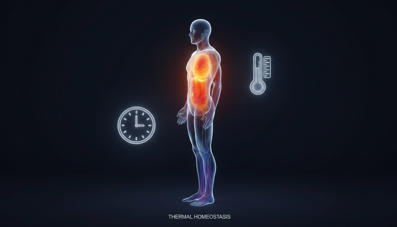 A professional 3D medical illustration of a human silhouette showing a thermal heat map. The core is warm orange while the extremities are cool blue. Floating translucent icons of a clock and a thermometer surround the body. Clean, dark background, high-end medical journal aesthetic.