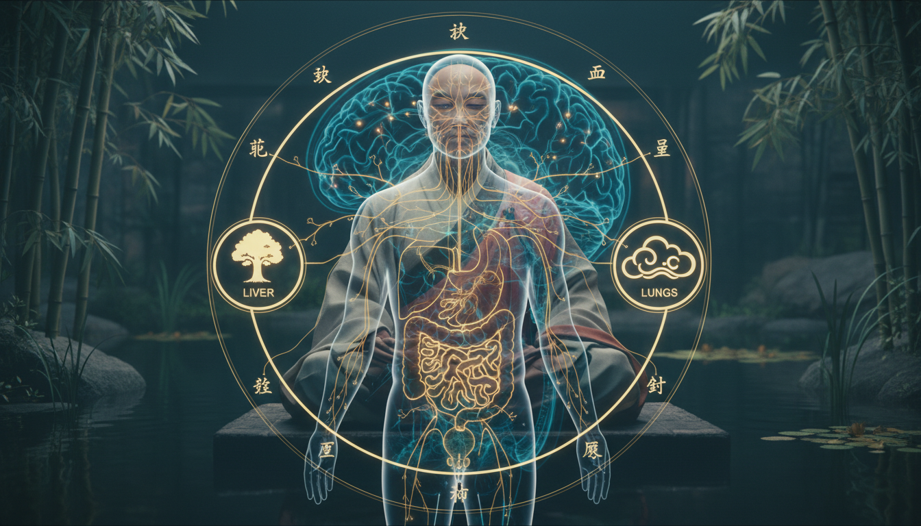 An artistic and ethereal fusion of a traditional Chinese medicine organ clock and a modern neurological scan. Glowing meridian lines connect a human silhouette to symbols of the liver and lungs. A color palette of gold, deep teal, and midnight blue, with a scholarly and mystical atmosphere.
