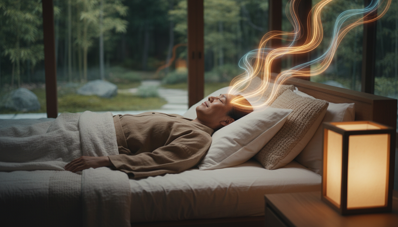 A serene person lying flat on their back in a comfortable bed, eyes closed, in a state of deep relaxation. Soft, glowing wave patterns (representing Theta and Delta brainwaves) emanate from their head like a calm aura. Warm, amber bedside lighting, ultra-realistic, peaceful expression, 8k resolution.