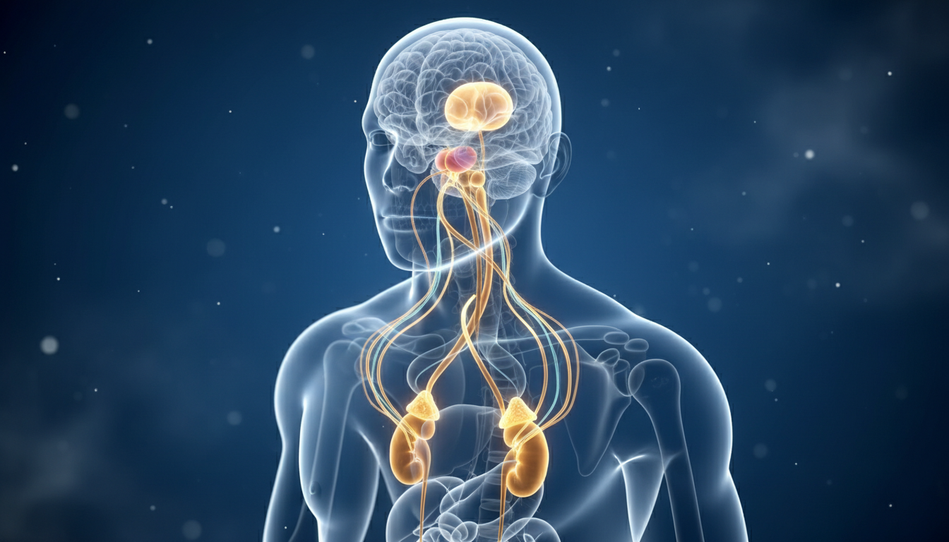 3D anatomical visualization of the human body showing the endocrine connection between the brain, highlighting the hypothalamus and pituitary gland, and the golden triangular adrenal glands above the kidneys. Ethereal light paths represent the hormonal flow of the HPA axis. Clean medical aesthetic.