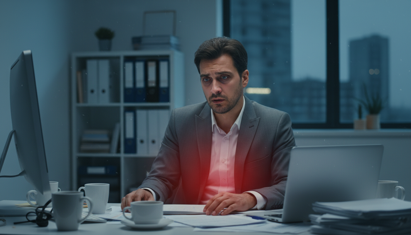 A stressed professional man in his late 30s sitting at a desk cluttered with coffee cups and papers, looking 'wired but tired' with intense eyes but slumped shoulders. A subtle red glow around his midsection suggests metabolic stress. Authentic office setting, cinematic lighting.