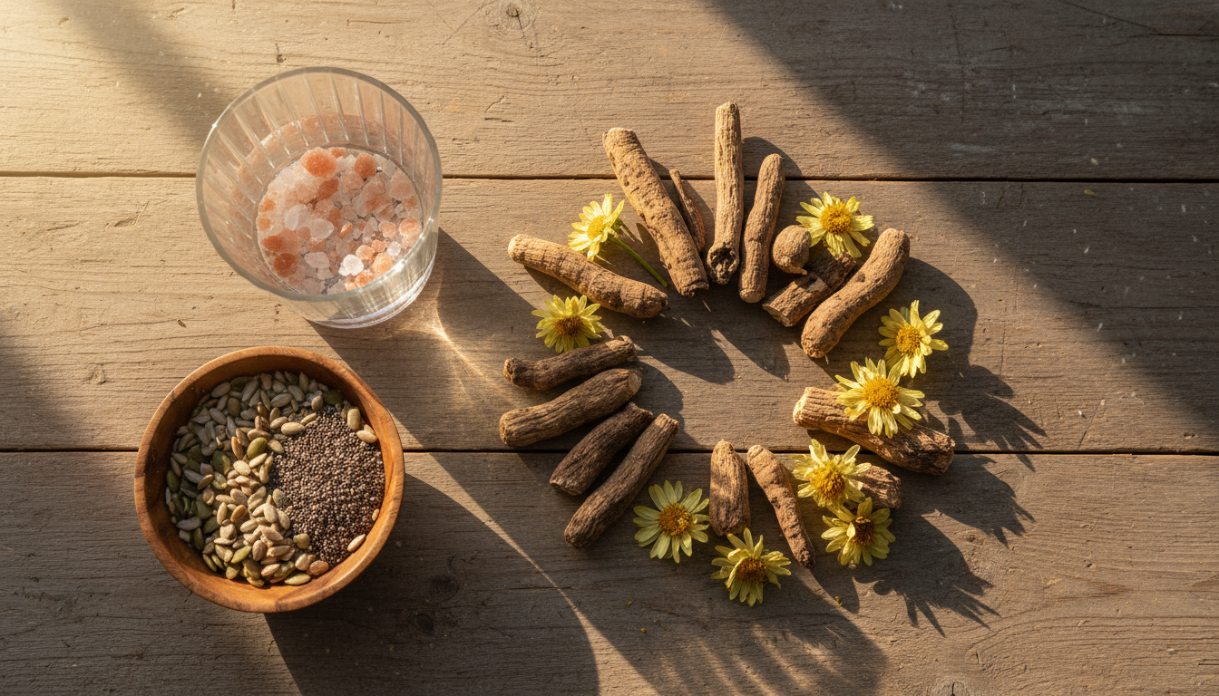 Flat lay composition on a rustic wooden table featuring adaptogenic herbs: Ashwagandha roots, Rhodiola flowers, a glass of water with pink Himalayan salt, and a bowl of magnesium-rich seeds. Soft morning sunlight filtering through a window, creating a healing and natural vibe.