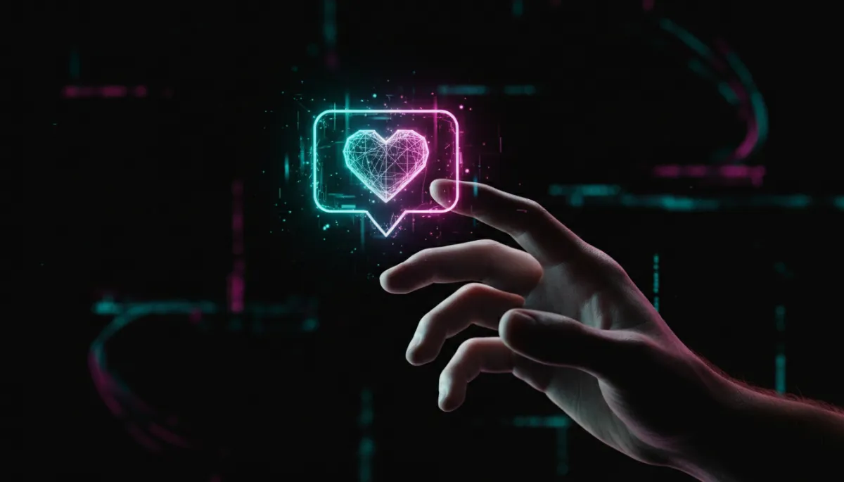 A symbolic representation of digital addiction: a hand reaching out to touch a floating, glowing notification heart icon in a dark void. The lighting is neon-inspired with cyan and magenta tones, shallow depth of field, hyper-realistic skin texture and light refraction.