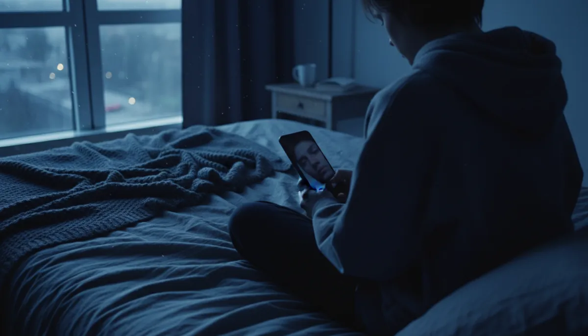 An over-the-shoulder shot of a person sitting on a bed, staring at a phone with no notifications. The room is filled with cold blue-hour natural light coming through a window. Detailed textures of the fabric, the glass of the phone, and a melancholic, lonely atmosphere.