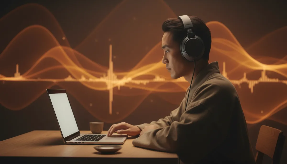 A person in their late 20s wearing professional over-ear headphones, sitting in a clean workspace with a single laptop open. The background features abstract, flowing waves of deep amber and brown light, visually representing 'Brown Noise' or sound frequencies. The person has a calm, deep focus expression, no other tabs or distractions visible.