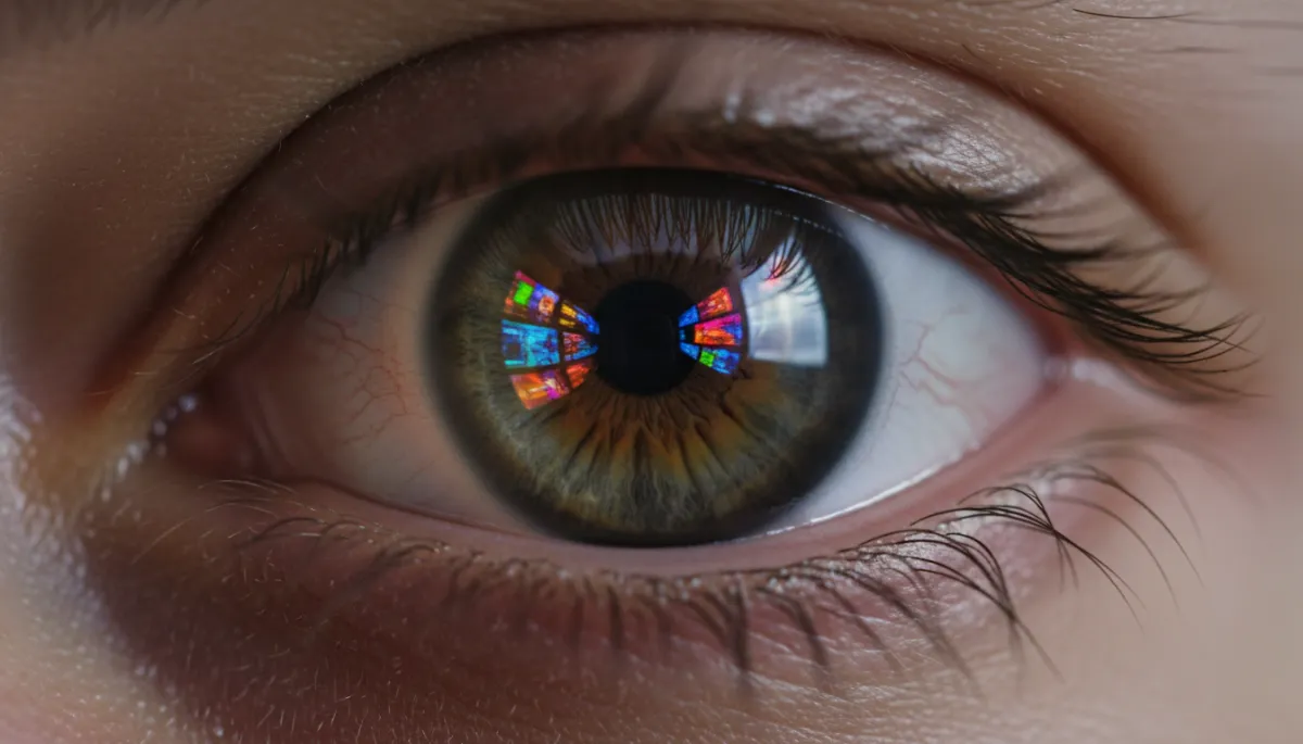 Macro close-up of a human eye reflecting a fast-scrolling smartphone screen. The screen shows chaotic, hyper-saturated colors and blurred video fragments. The eye looks fatigued with slight redness, illustrating the concept of dopamine overstimulation and digital fatigue. Hyper-realistic texture of the skin and iris, dark background.