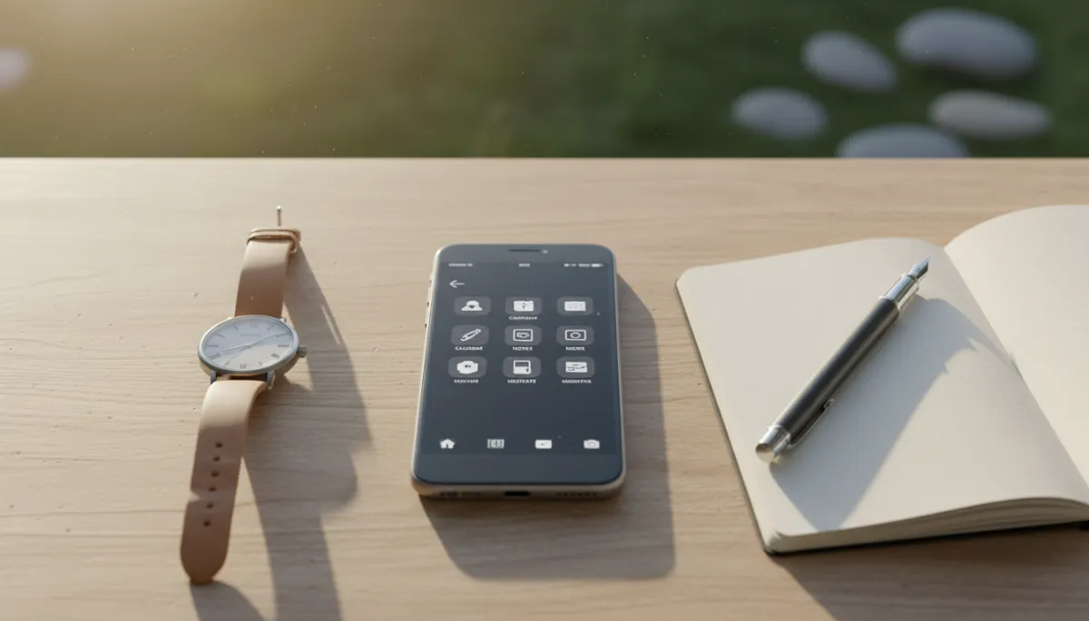 Top-down view of a minimalist wooden desk. A modern smartphone is placed in the center, its screen displaying a strictly black and white (grayscale) interface with simple text icons. Beside it lies a physical analog watch and a notebook with a pen. The lighting is natural morning sunlight, creating a calm and focused atmosphere.
