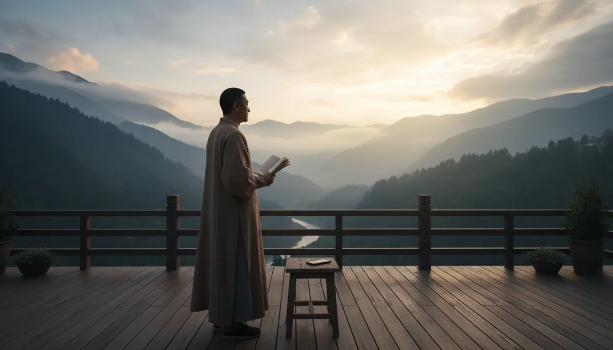 A serene wide shot of a person standing on a balcony at dusk, looking away from their phone toward a distant horizon. They are holding a small paper book in one hand. The scene conveys a sense of regained freedom and intentionality. The colors are muted, sophisticated, and peaceful, emphasizing a healthy relationship with the world.