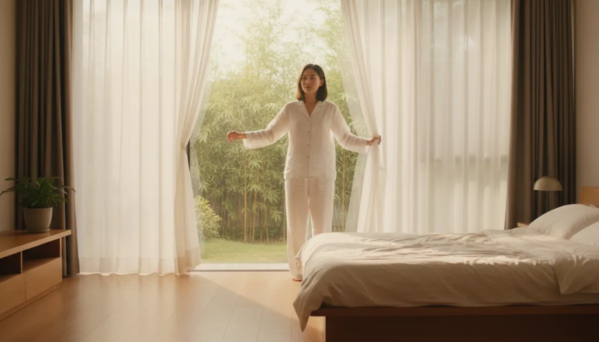 Mujer joven abriendo cortinas blancas en una habitación moderna inundada por el sol de la mañana, luz dorada cálida bañando la escena, atmósfera refrescante y energética, enfoque en el bienestar y el despertar saludable, 8k, estilo cinematográfico vibrante.