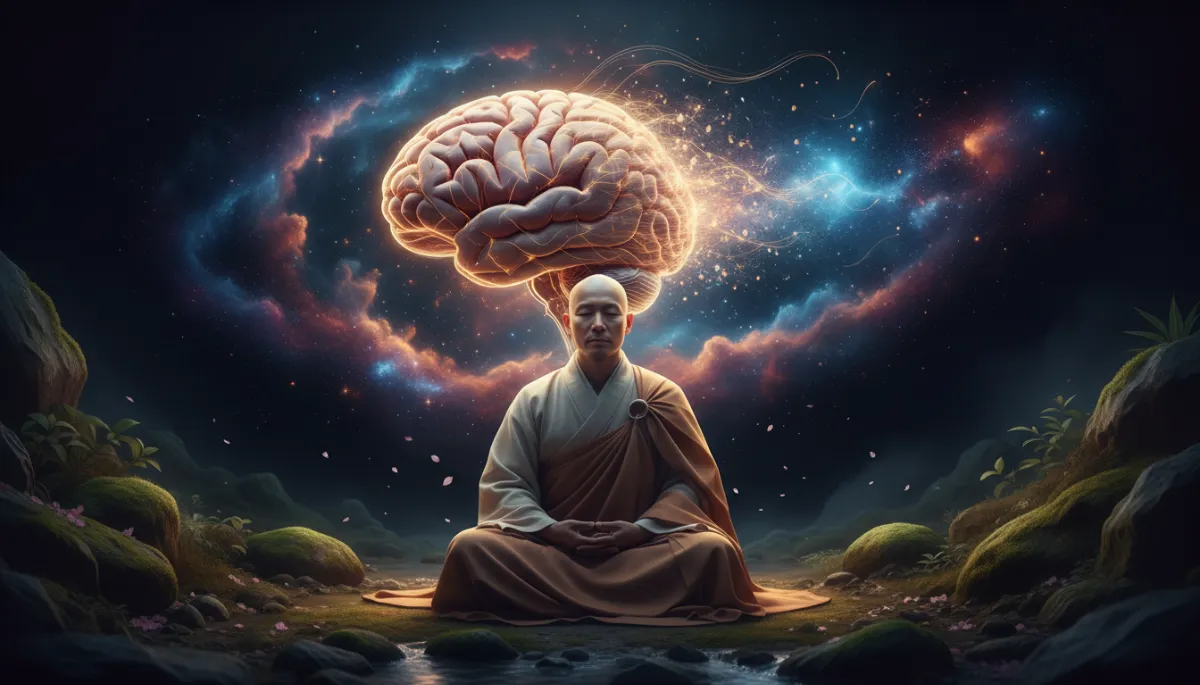 A stunning 3D medical visualization of a human brain glowing with golden light filaments. The neural pathways of the 'self' and ruminate thoughts are shown dissolving into a vast, starry nebula. Artistic yet realistic, symbolizing the transition from mental confinement to cosmic awareness, dark background with vibrant light details.