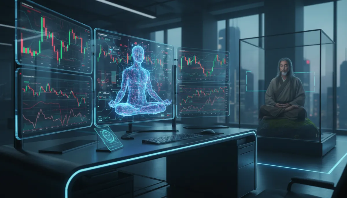 A conceptual, photorealistic image of a futuristic stock trader's workstation with multiple monitors showing aggressive red and green market graphs. In the center of the screens, a digital holographic figure in a lotus position is integrated into the computer circuitry, representing the 'hack' of the human mind for financial gain. Moody, cool-toned lighting, sharp focus.