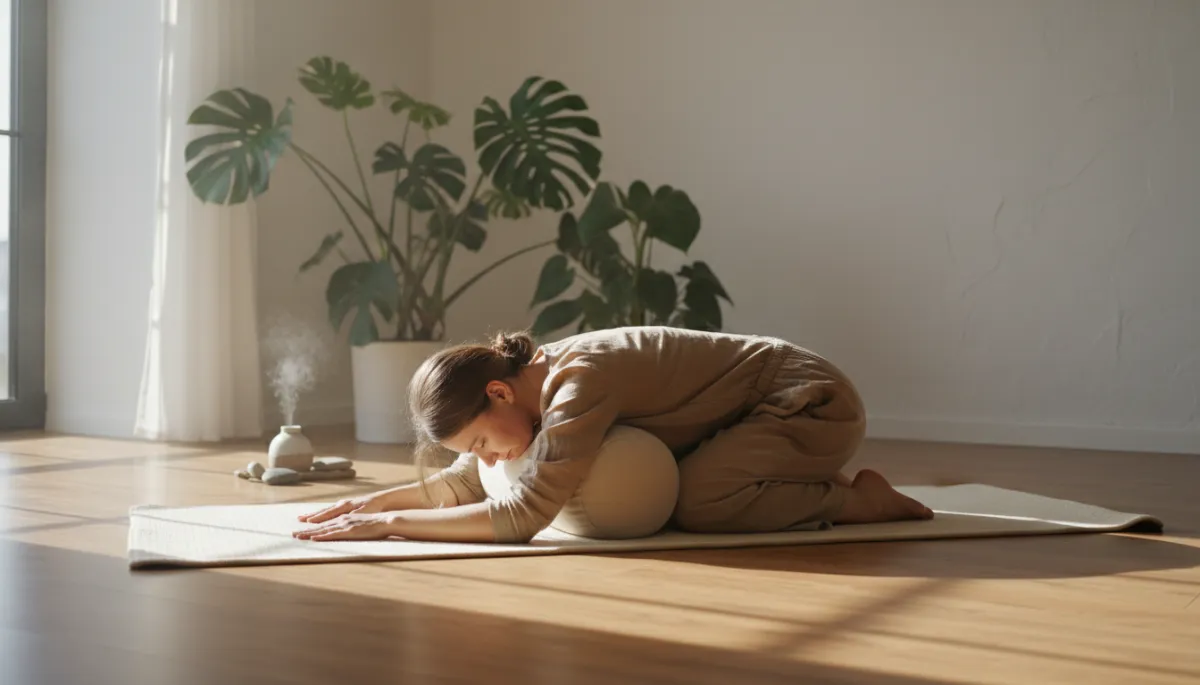 A high-quality lifestyle photograph of a person practicing restorative yoga on a minimalist mat in a sunlit, clean room. They are in a gentle child's pose with a supportive bolster. The scene conveys relief and physical recovery. Warm natural lighting, wooden floors, plants in the background, zen aesthetic.
