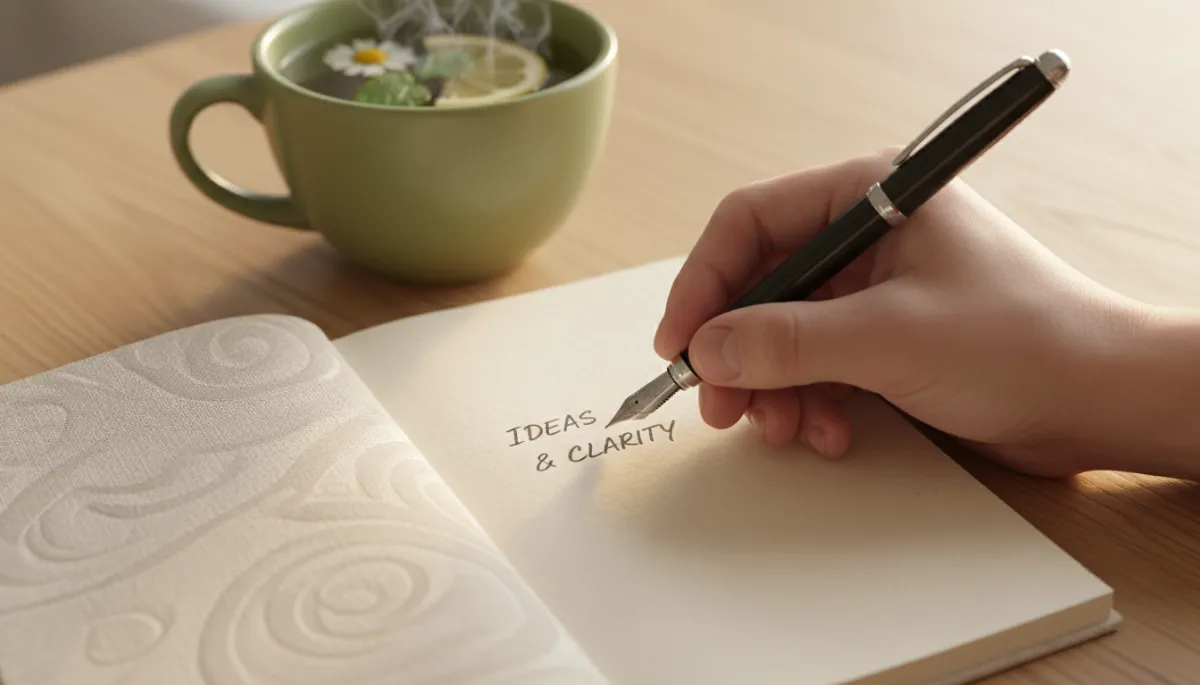 Close-up macro shot of a hand writing in a beautiful linen notebook with a fountain pen on a clean wooden desk. Next to the notebook is a cup of steaming herbal tea. The lighting is soft and focused on the paper, representing the 'brain dumping' process and mental clarity. Shallow depth of field.