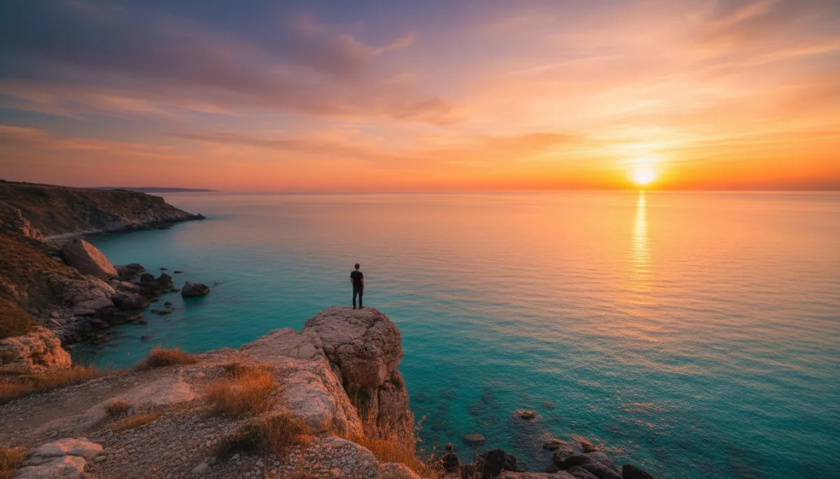 A breathtaking wide-angle landscape of a person standing on a cliff overlooking a calm turquoise sea during a golden sunset. The person is simply observing the horizon, tiny in comparison to the vast nature. Vibrant warm colors, epic composition, professional nature photography style.