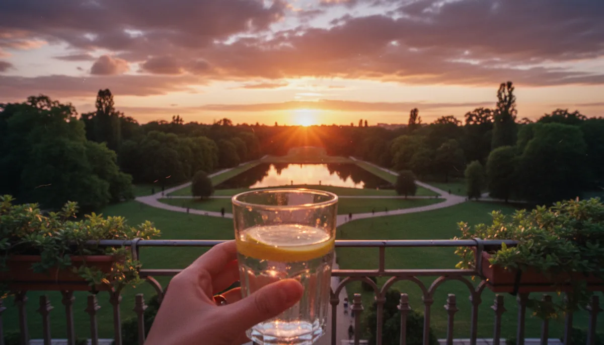 A point-of-view (POV) shot of someone standing on a balcony, looking out at a lush green park or a beautiful sunset sky with textured clouds. The person is holding a glass of water with a lemon slice. The scene conveys a sense of immediate mindfulness and sensory grounding. 35mm film style, warm tones.