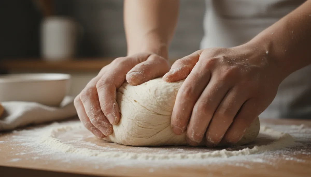 A detailed close-up of a person's hands engaged in a 'flow' activity. The hands are either playing a wooden acoustic guitar, mixing vibrant oil paints on a palette, or kneading dough on a floured surface. The focus is on the textures and the act of creation. Soft, professional studio lighting, macro photography.