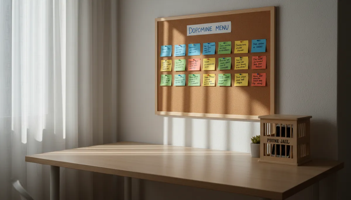A minimalist and organized home workspace. A handwritten, colorful 'Dopamine Menu' is pinned to a corkboard on the wall. The desk is clean, with a smartphone placed far away inside a wooden box or a 'phone jail'. A single ray of light hits the menu, symbolizing clarity and control. Interior design photography style.