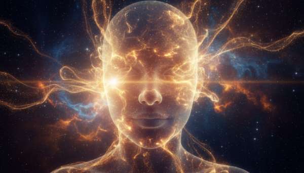 Close-up of a human head subtly dissolving into golden light particles against a dark cosmic background, representing the dissolution of the ego and the feeling of oneness with the universe. Photorealistic, highly detailed, blending soft sci-fi elements with spiritual serenity.