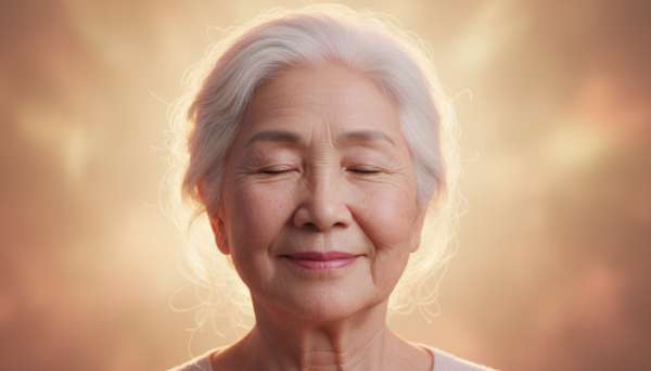A hyper-realistic portrait of an elderly person of diverse ethnicity with their eyes closed, radiating a gentle, deeply compassionate smile. Warm glowing backlighting outlining their face, subtle pink and amber hues reflecting emotional warmth, oxytocin release, and universal love. Stunningly lifelike.