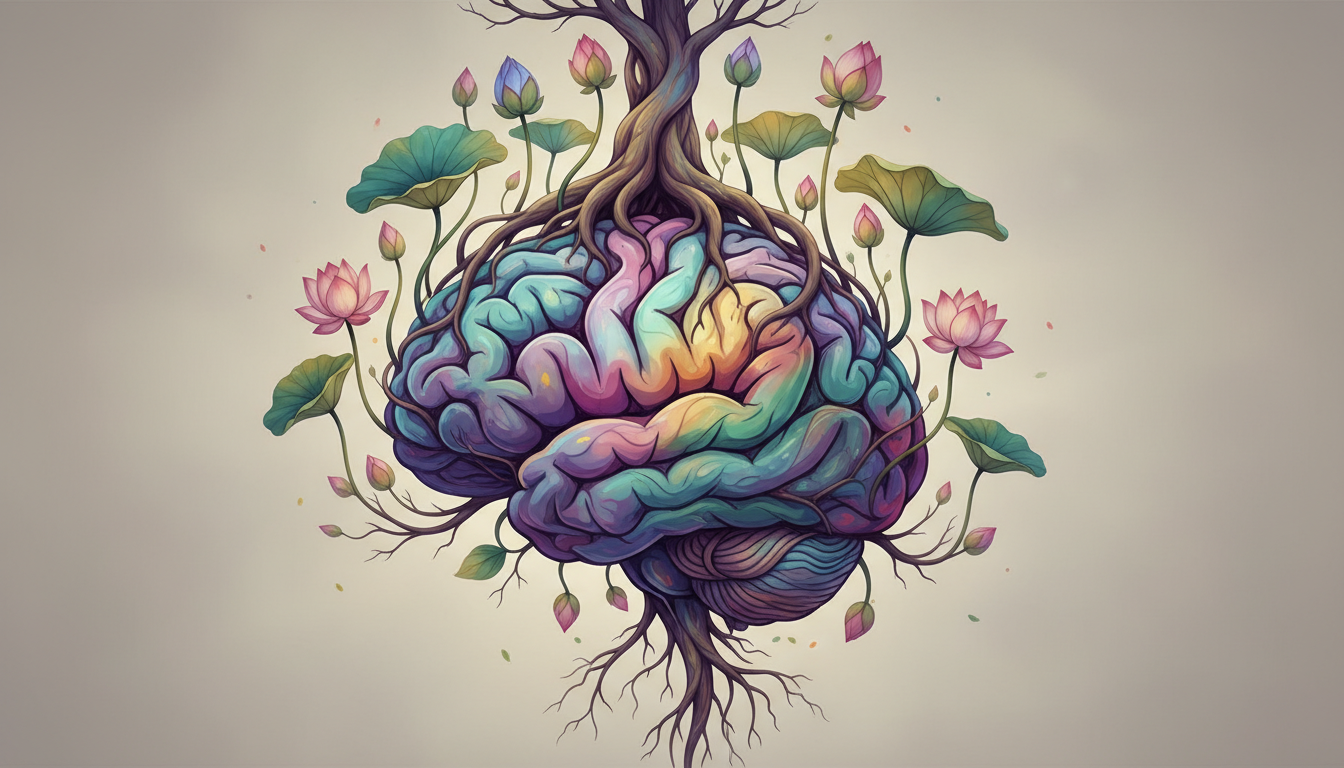 Un diagrama artístico del cerebro humano entrelazado con raíces de árboles y flores de loto, colores vibrantes pero relajantes, estilo ilustración médica conceptual, fondo neutro, 4k