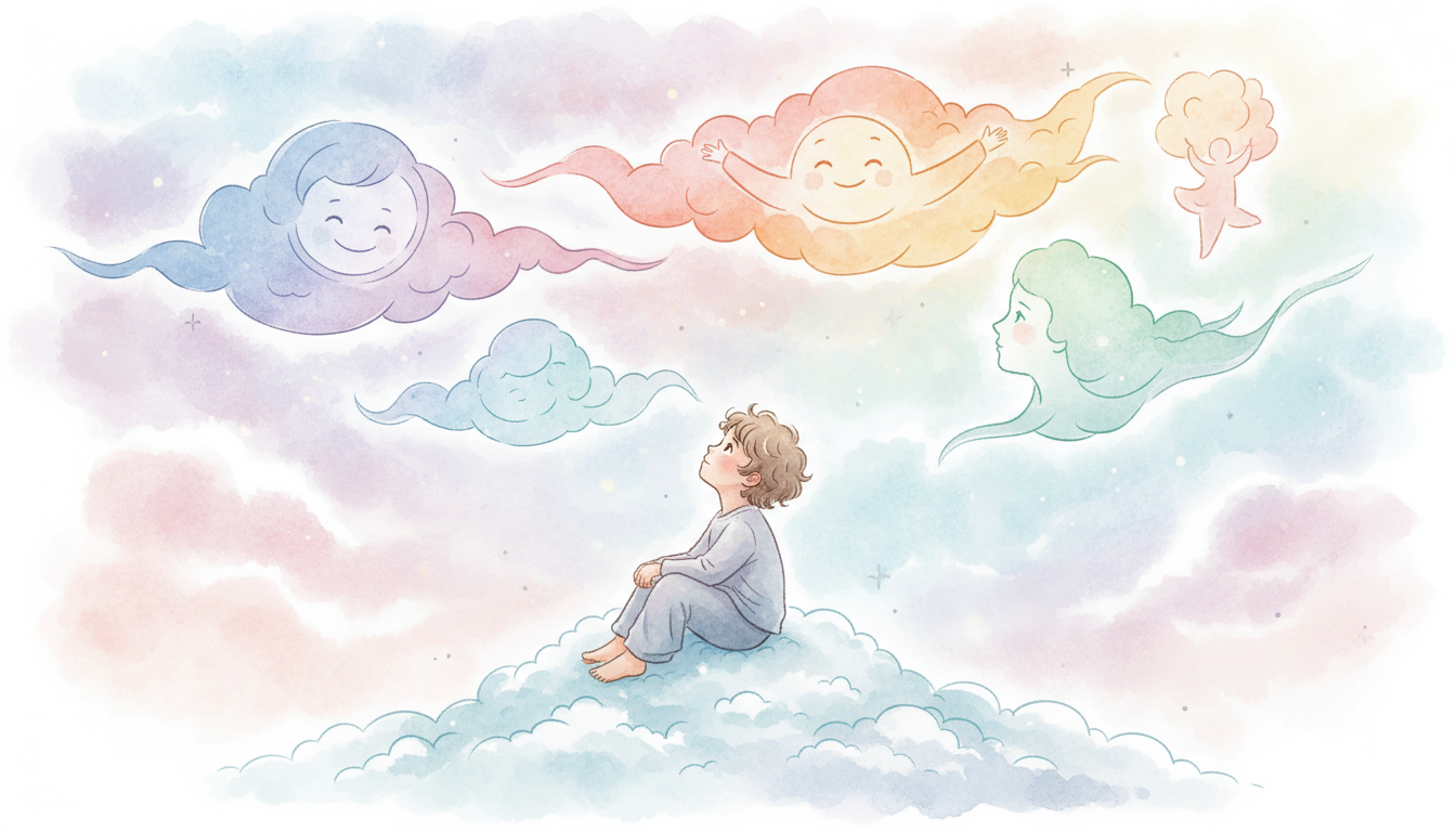 Una ilustración de estilo acuarela que muestra a un niño observando diferentes tipos de nubes que representan emociones, colores suaves, atmósfera onírica y pacífica
