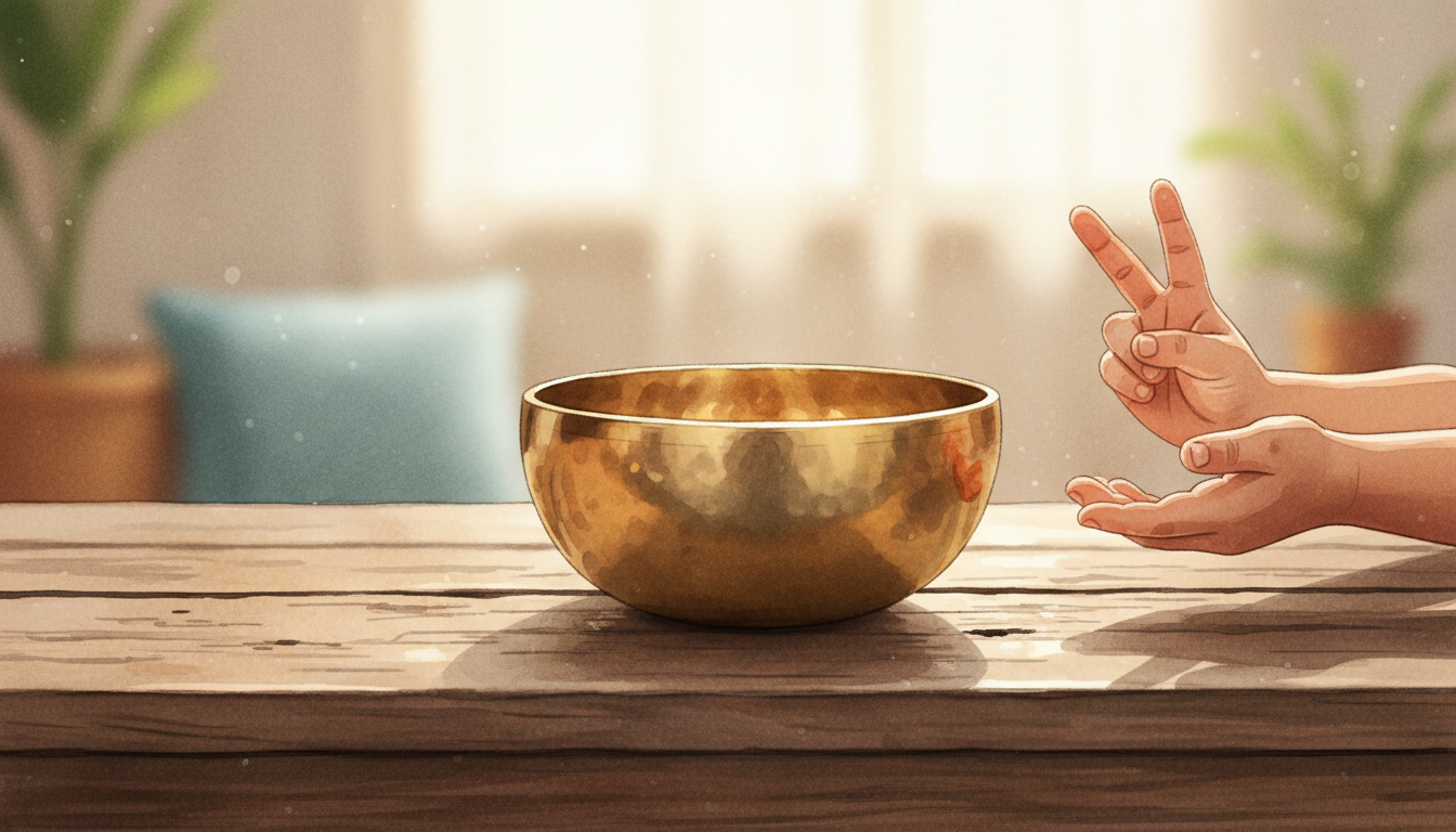 Primer plano de un cuenco tibetano dorado sobre una mesa de madera rústica, con las manos pequeñas de un niño cerca en gesto de paz, iluminación suave de estudio, bokeh de fondo