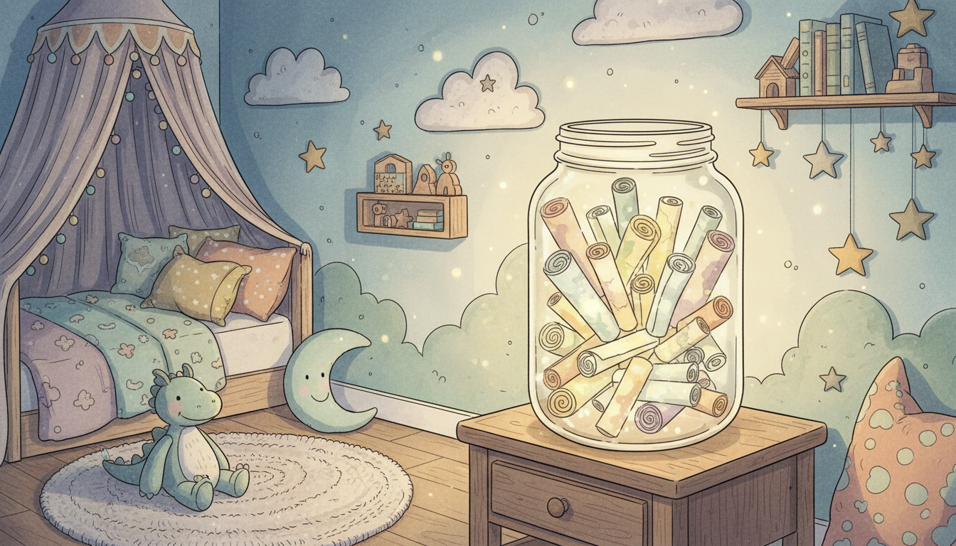 Un tarro de cristal lleno de papeles de colores, iluminado desde dentro como si fuera una lámpara mágica, en una habitación infantil acogedora, estilo artístico detallado