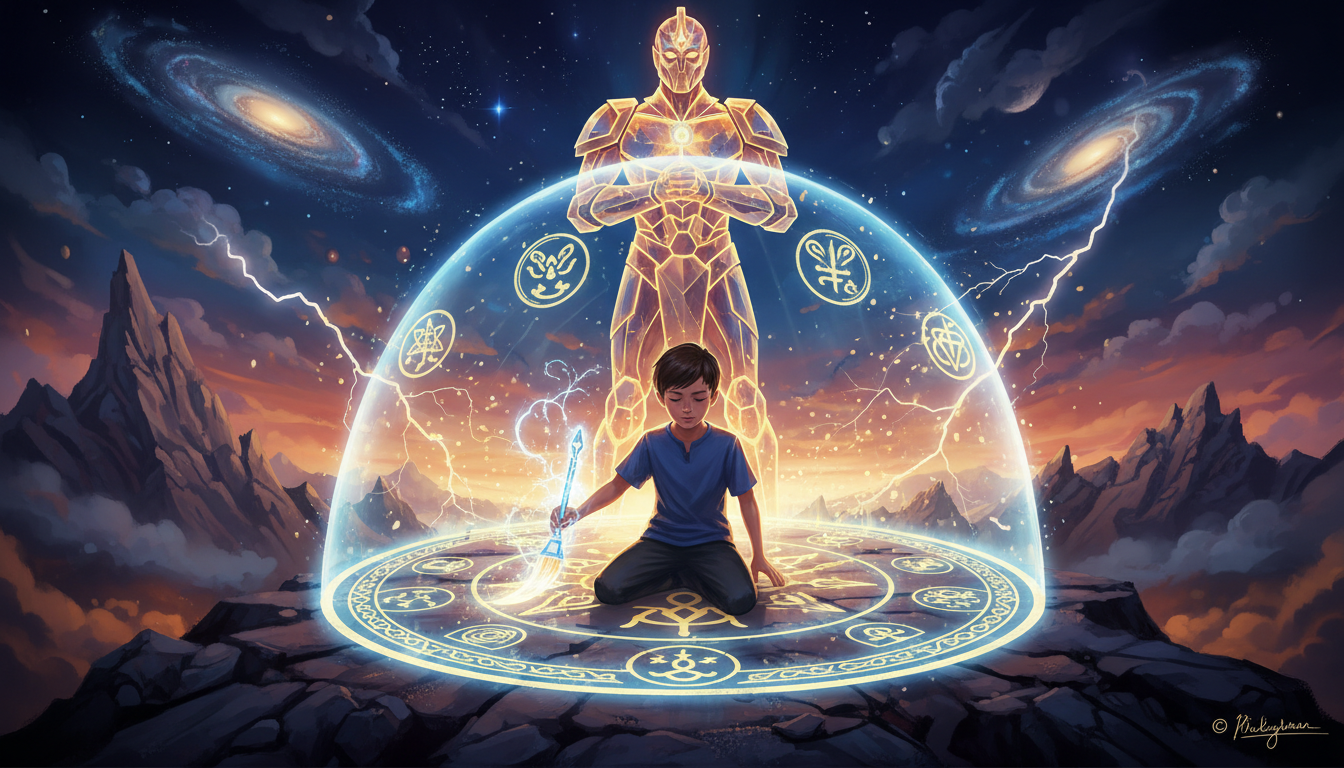 Un niño dibujando un círculo protector alrededor de sí mismo en un estilo de ilustración épica y heróica, simbolizando la fortaleza mental