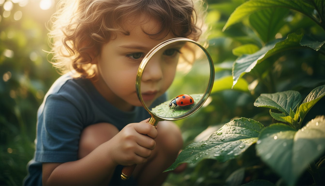 Un niño pequeño observando una mariquita a través de una lupa, la luz del sol brilla a través de las hojas verdes, enfoque macro, ultra detallado, estilo National Geographic