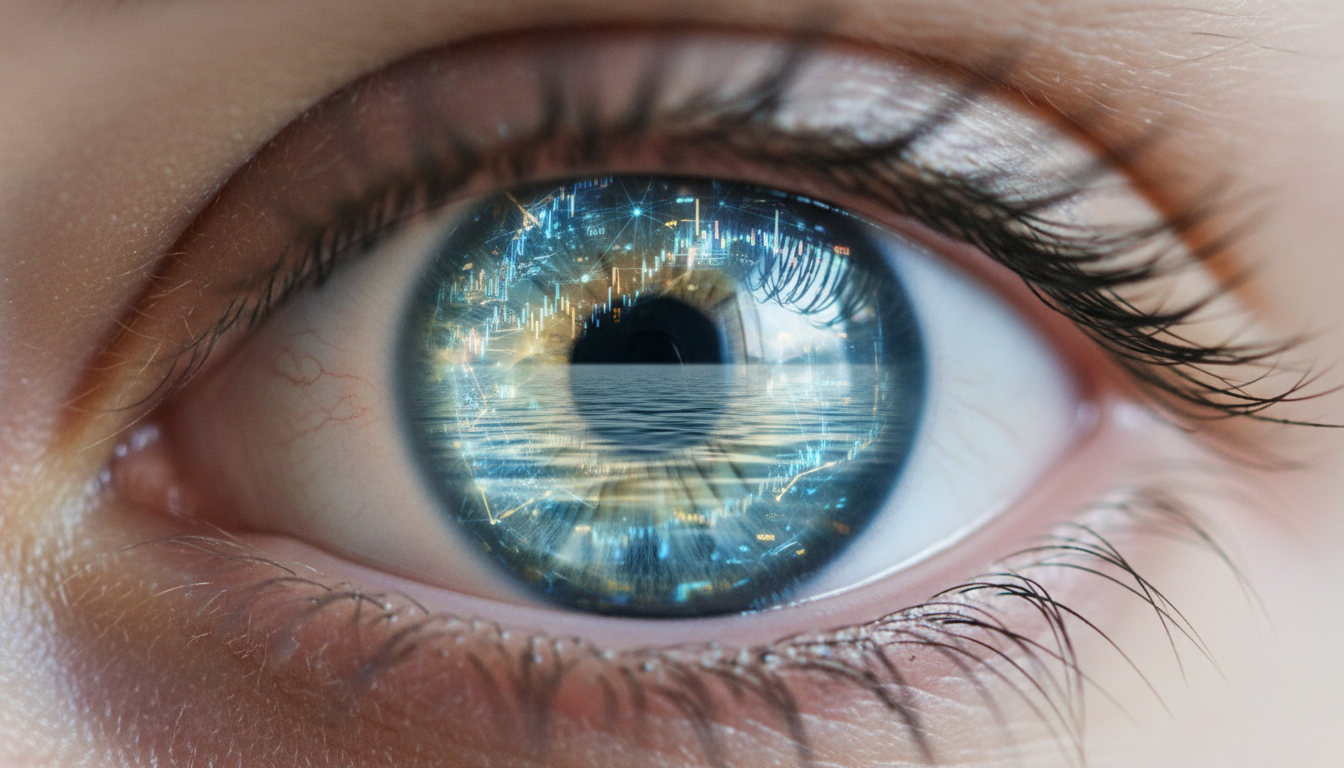 Un primer plano de un ojo humano en cuyo iris se refleja una compleja red de datos y gráficos financieros que se transforman en una serena superficie de agua cristalina. Estilo hiperrealista, iluminación suave.
