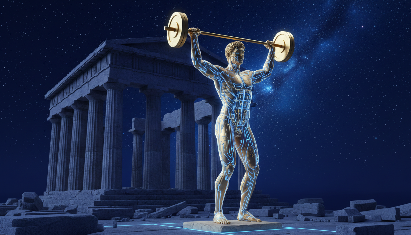 Una estatua de un atleta griego clásico en una pose de levantamiento de pesas, pero la piedra de la estatua está compuesta de circuitos integrados dorados y luz azul neón. El fondo es un templo antiguo bajo un cielo estrellado.