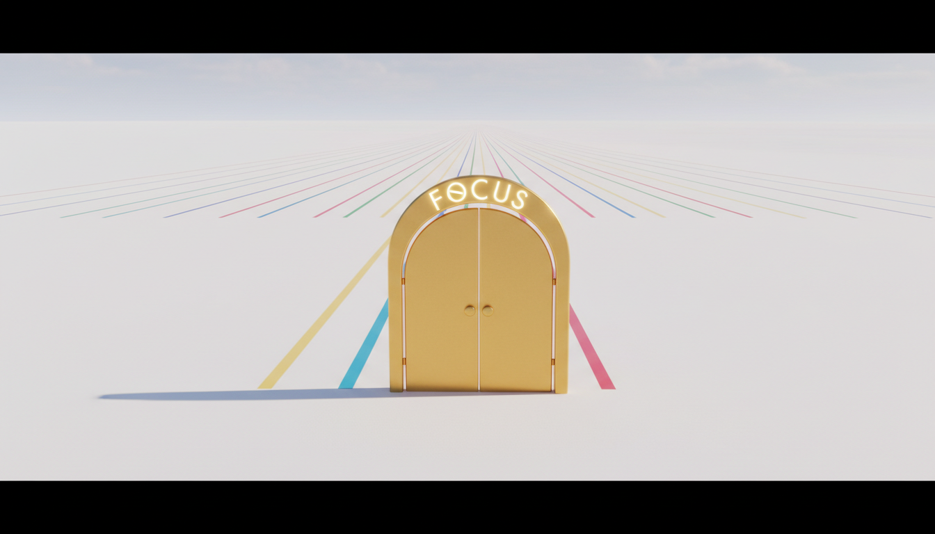 Una puerta de oro macizo cerrada en medio de un desierto blanco infinito. Encima de la puerta, una inscripción en latín que brilla suavemente: 