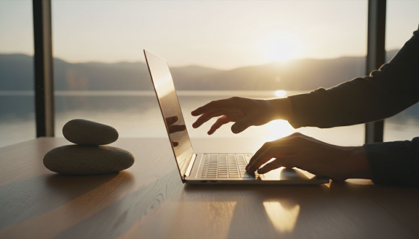 Un primer plano de las manos de un hombre cerrando una computadora portátil minimalista mientras el sol sale en el horizonte. En el escritorio hay una sola piedra de río perfectamente equilibrada sobre otra. La atmósfera es de absoluta calma y victoria silenciosa.