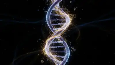 A macro conceptual shot of a glowing DNA double helix subtly intertwining with delicate golden threads of light, representing healed ancestral trauma. Dark background, highly detailed, scientific and spiritual aesthetic.