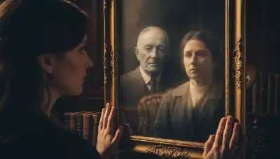 A person looking deeply into a vintage mirror, but the reflection faintly shows a black and white image of a grandparent, representing inherited psychological scripts. Dramatic lighting, deep shadows, emotional photorealistic portrait.
