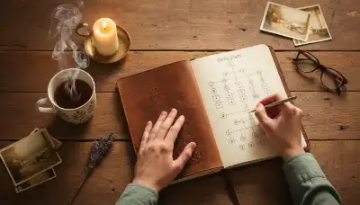 Top-down view of a rustic wooden desk where hands are thoughtfully drawing a family tree genogram in a leather journal. A steaming cup of herbal tea and a warm lit candle rest nearby. Cozy, mindful aesthetic, highly detailed.