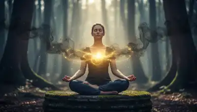 A photorealistic, slightly surreal image of a person meditating with a subtle visual effect: a dark, smoke-like mist dissipating from their shoulders, while a warm, radiant golden light glows gently from the center of their chest. Soft focus background, cinematic mood, spiritual and empowering atmosphere, highly detailed.