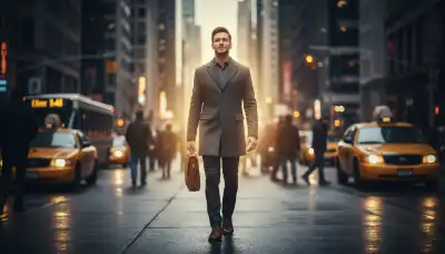 A photorealistic image of a person walking confidently down a softly blurred, busy city street. They are surrounded by a very subtle, glowing golden light that represents a healthy energetic boundary. The person looks peaceful, strong, and unbothered by the chaotic environment around them. High realism, cinematic depth of field, empowering tone.